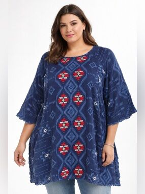 Johnny Was XXL Blue Embroidered Boho Tunic Blouse Cupra Rayon